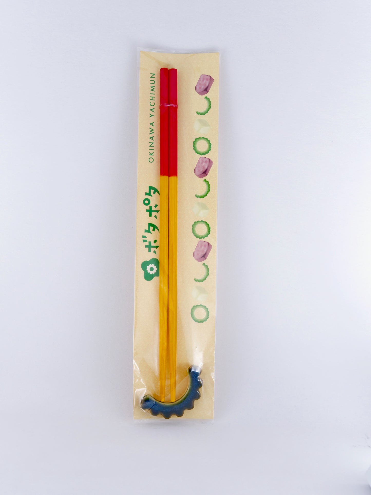 Gōyā Motif Chopstick Rest &amp; Red‑Yellow Chopstick Set