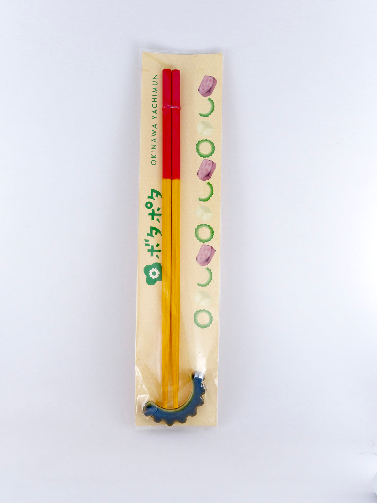 Gōyā Motif Chopstick Rest &amp; Red‑Yellow Chopstick Set